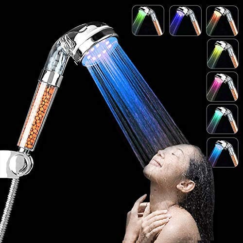 InGoo - Soffione doccia a LED, luce alternata a 7 colori, ad alta pressione e a ioni negativi, con doppio filtro per cloro, a risparmio di acqua, ABS, 220 x 60 mm