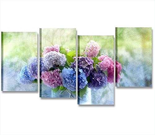 Quadri L&C ITALIA Ortensie Vintage Shabby Chic - Quadro con Fiori Moderni Soggiorno Camera da Letto Stampa su Tela da Parete 4 Pezzi Grandi 152 x 78 Multipannello - Blu Viola Rosa