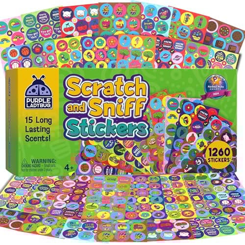 PURPLE LADYBUG 1260 Scratch and Sniff Smelly Stickers - 810 Large & 450 Small Scented Stickers in 15 Unique Scents for Kids & Teachers - Back to School Supplies, Ideal for Rewards, Classroom must-have