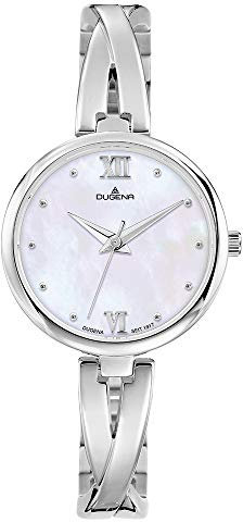 Dugena Damen-Armbanduhr 4460667 Elin, Quarz, perlmuttfarbenes Zifferblatt, Edelstahlgehäuse, Mineralglas, Edelstahlhalbspange, Drückerfaltschließe, 3 bar