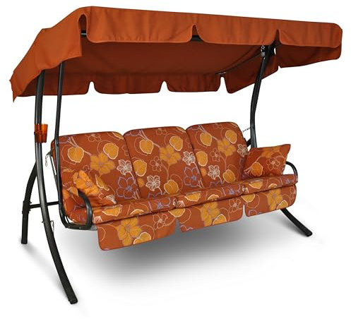 Angerer Hollywoodschaukel Comfort – Schaukel zum Sitzen, Liegen & Entspannen, inkl. Bett-Funktion, einfache Montage, Made in Germany, hochwertiger Stoff, Terra-Orange geblümt