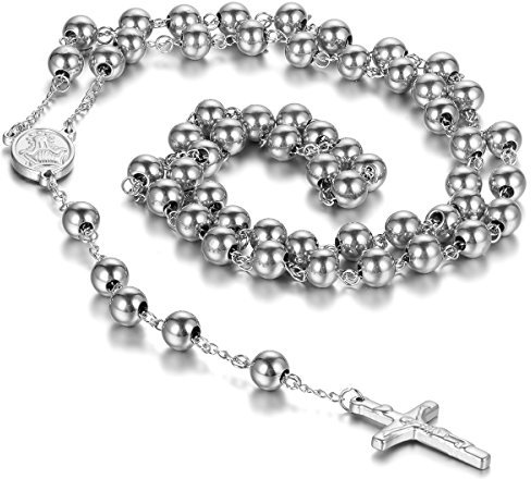 cupimatch Unisex Edelstahl Christian katholischen Religiöse Rosenkranz Kreuz Kruzifix Anhänger Lang Link Perlen Kette Halskette Silber Farbe