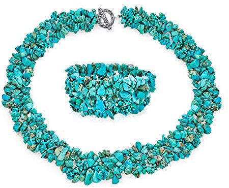 Large Wide Stabilized Turquoise Cluster Chips Bib Statement Collar Necklace Stretch Bracelet For Women Jewelry Set
