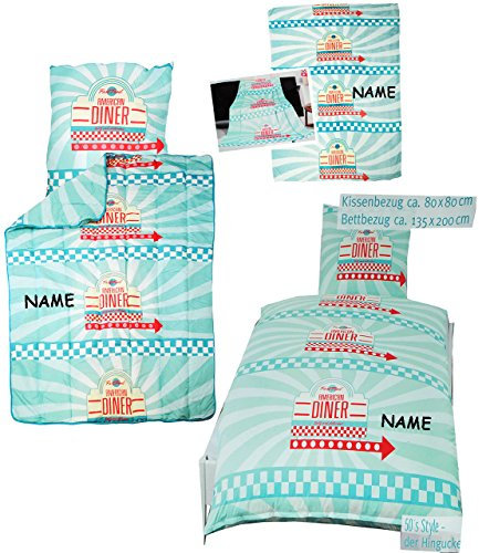 alles-meine.de GmbH 2 TLG. Set Bettwäsche - Fast Food - American Dinner - incl. Name - 135 x 200 cm & 80 x 80 cm - 100% Microfaser - mit Reißverschluß - für Erwachsene & K..