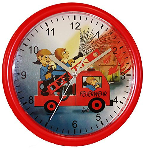 Eurotime Kinder Wanduhr Feuerwehr, kein Ticken, schleichende Sekunde (geräuscharm) 25 cm; 80025-01