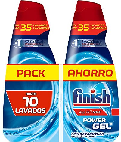 Finish All in 1 Max Power Gel Brillo&Protección, Detergente Gel para el Lavavajilla, 2 unidades - Total 70 lavados