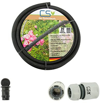 20m CS Perlschlauch Premium mit durchflussreduziertem Schnellschlauchstück und Endstopfen für die Gartenbewässerung mit bis zu 70% Wasserersparnis