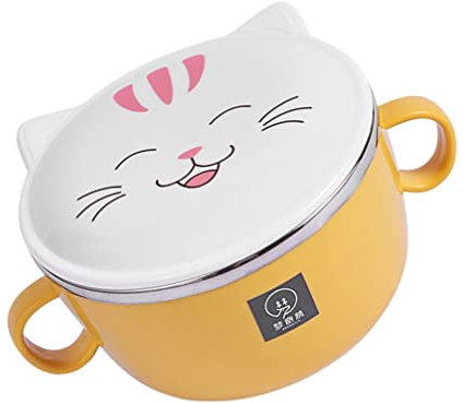 Cartoon Ramen Noodle Bowl with Lid - Stainless Steel Food Serving Bowl for Soup, Rice, and Vegetables -