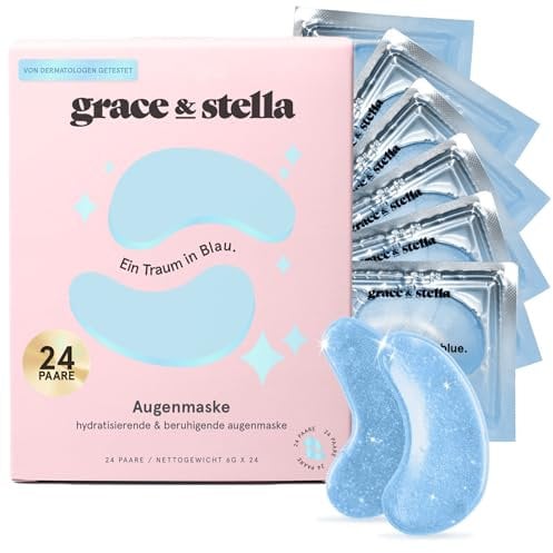 grace & stella - Preisgekrönte Augenpads gegen Augenringe, Aufhellende Eye Pads gegen Tränensäcke und Falten, Kühlende und Erfrischende Augen Pads Masken, Gel-Eyepads [24 Paare, Blau]