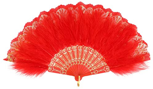 MWOOT Marabou Feather Fan, 1920s Embroidered Flower Handheld Feather Fan, Roaring 20s Vintage Style Flapper Hand Fan for Costume Halloween Dancing Show Tea Party Wedding Decoration - Red