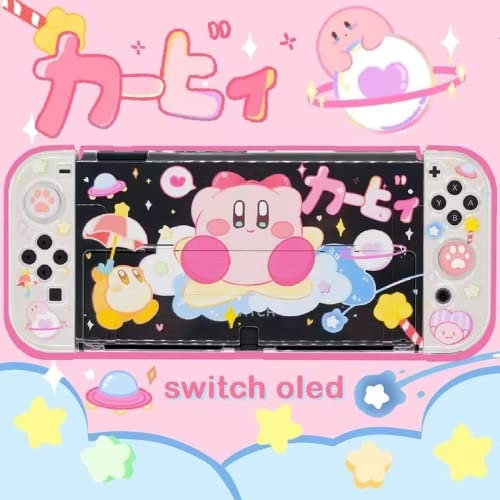 Eamily Cute Kirby Schutzhülle für Nintendo Switch OLED, Cute Bling Clear Soft TPU Slim Cover, Kawaii andockbare Hülle für NS, Sparkle Skin Set