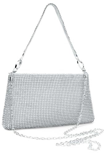 XUDREZ Women Rhinestones Evening Clutch Bag,Small Shoulder Handbag for Party Wedding Purses Female Underarm Crossbody Bag (Silver)