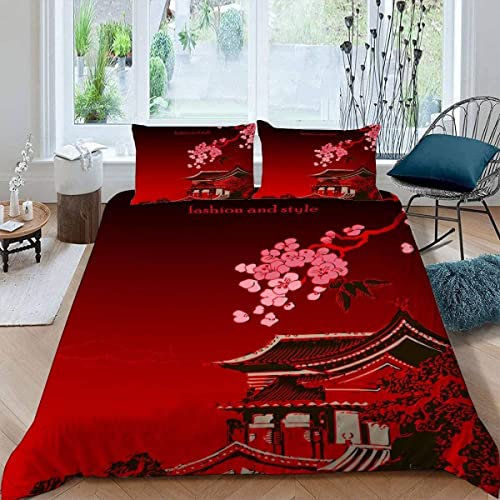 igyhuij Bettwäsche 135x200 Rot Japanisch, 3D Rot Japanisch Bettwäsche-Sets Winter Weich Kuschelige Mikrofaser Bettwaren 1 x Bettbezug mit 2 x Kissenbezug 80x80 cm mit Reißveschluss