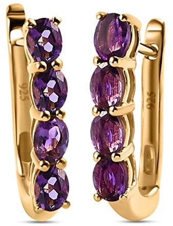 TJC Natural Amethyst Hoop Earrings for Women with Fish Hook in 14ct Gold Plated 925 Sterling Silver Gift for Wife February Birthstone Metal Wt. 2.8 Grams