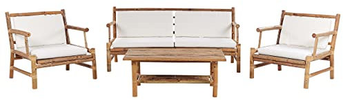 Salon de Jardin 4 Places en Bambou Blanc Boho Banc 2 Fauteuils Table Basse Riccione