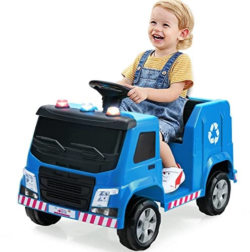GYMAX Kids Ride On Garbage Truck, 12V Battery Powered Car with Remote Control, 6 Recycling Accessories, Music, Lights, Horn & Slow Start, Children Electric Vehicle for 3 Years Old + Boys Girls (Blue)