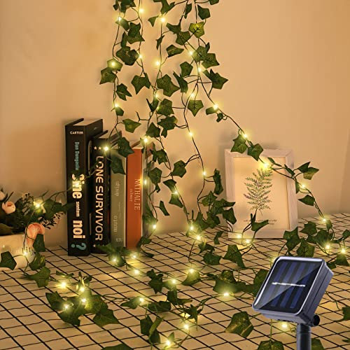 GuKKK Lichterkette Außen Solar, 100LED 2M 5 Stränge(10 M)Künstlicher Efeu Lichterkette 8 Modi, Wasserdicht Solarlichterkette, für Garten Balkon Hochzeit Zaun Camping Weihnachten Dekorationen, Warmweiß