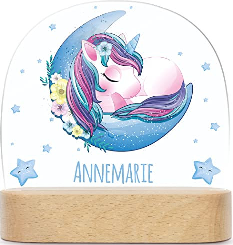 GRAVURZEILE Personalisiertes Kinder Nachtlicht - Mond Design - LED Nachttischlampe für das Kinderzimmer - Personalisierte Geschenke für Kinder & Babys - Geschenk zur Geburt - Babygeschenk - Einhorn