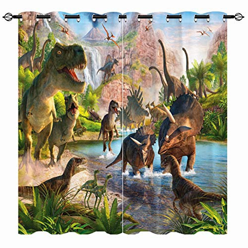 YUANZU Dinosaurier Vorhänge Jungen Dschungeltiere Ösen Gardinen mit Blickdichte Thermo Vorhang Kälteschutz Blackout Curtain Kinderzimmer Schlafzimmer Verdunkelung Fenster, 2 Stück, H 175 x B 140 cm