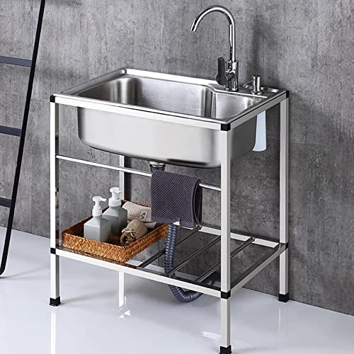 Fregadero de acero inoxidable independiente para cuarto de lavado, fregadero de restaurante comercial, fregadero de cocina al aire libre con grifo frío y caliente