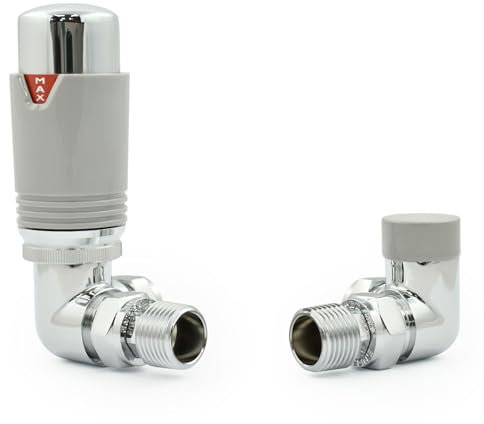 Hot Flow Chrome & Silver Estuary Corner TRV Thermostatic Radiator Valve (Pair) Includes Corner TRV Body, Wheel Head, Lock Shield. for Quick & Easy Temperature Control.