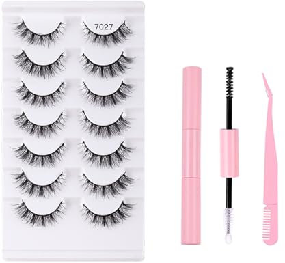 FAIRYGATE Lashes Wispy Eyelashes Natural Look Wispy Lashes Natural Look Short Volume False Lashes Soft Eye Lashes 7 Pairs with Lash Glue and Pink Tweezers B5312