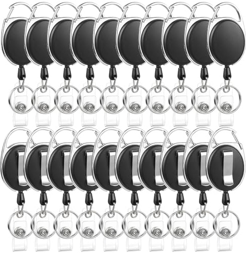 20 Pack Badge Reels Retractable ID Badge Holder with Carabiner Heavy Duty Badge Reel Clip and Key Chain for Work Office