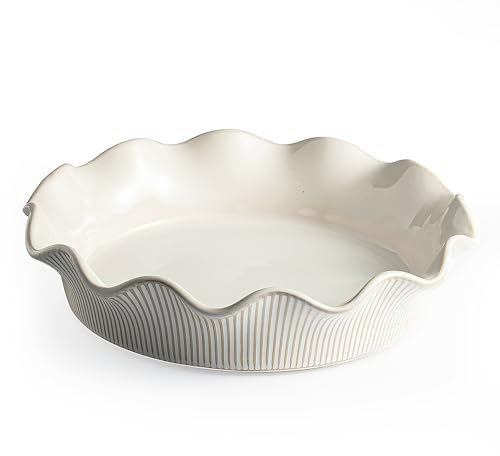 MIKIGEY Ceramic Deep Pie Pan for Baking, 11 inch Porcelain Pie Dish for Apple Pie, Oven & Dishwasher Safe, Farmhouse Decor, 48 Ounce Deep Plate for Kitchen, Non-Stick Pie Pans,Off-White