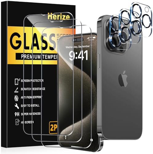 Herize 3 Pack Screen Protector for iPhone 15 Pro with 3 Pack Camera Lens Protector, 6.1 Inch HD Clear 9H Hardness Tempered Glass Film, Scratch Resistent
