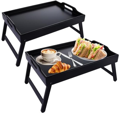 SHUESS 2 Pack Black Bamboo Bed Tray - Breakfast Tray with Folding Legs - 41.5 x 30 x 20.5 cm Trays for Eating on Lap, Ideal for Bed, Sofa, Eating, Platters, Working, Serving, and Drawing