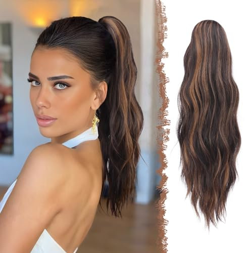 FESHFEN Gewellt Pferdeschwanz Haarteil mit Klammer, 50cm Pferdeschwanz Zopf Extensions Claw Clip in Wavy Ponytail Extension Synthetik Haarverlängerung für Frauen Damen Schwarz und Karamellbraun