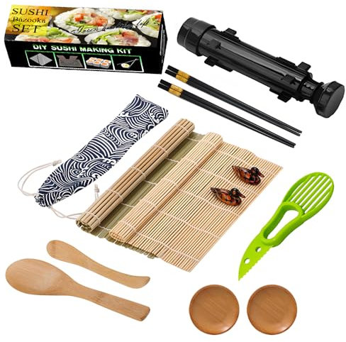Kit de Fabrication de Sushis 13 Pièces pour Débutants et Experts - Tapis à Rouler en Bambou, Couteau, Baguettes, Plats à Sauce, Pagaie, Épandeur