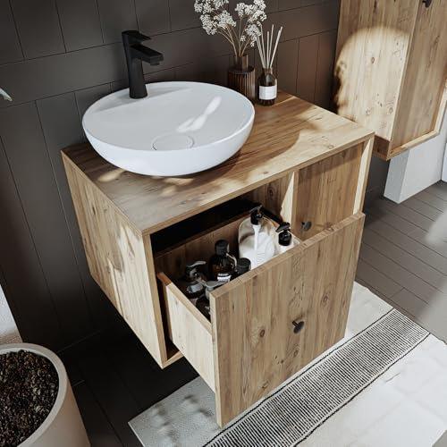 ROOMART Badezimmermöbel Set Gusto 75 cm 4 Teilig mit Keramik Waschbecken (Eiche, Waschbecken mit Unterschrank)