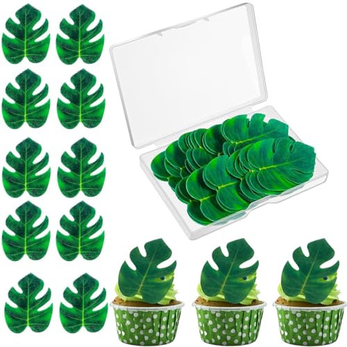 48 PCS Edible Tropical Leaves Cupcake Toppers,Cupcake Toppers Palm Leaf Cake Toppers,Turtle Leaves Cake Decorations for Family Cupcake Wedding Cake Birthday Party Food Decoration