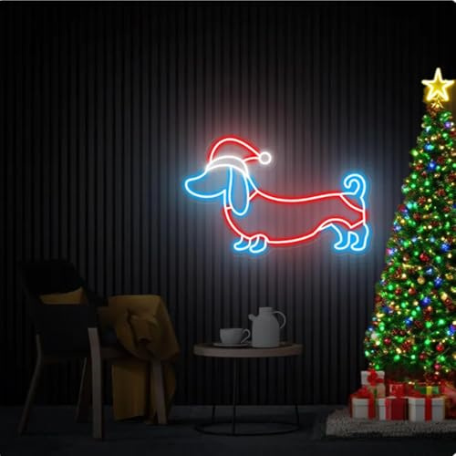 HFHungkeong Dackel Neonschild, Dimmbarer LED Hund mit Weihnachtsmannmütze Neon Weihnachtswelpen Licht Schild für Tierhandlung,Schlafzimmer, Wand, Zuhause, Party-Dekor, Geschenk für Hundeliebhaber