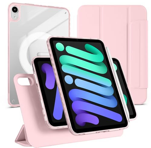 Funda magnética desmontable para iPad mini 7 A17 Pro 2024/Mini 6 2021 de 8.3 pulgadas, funda transparente a prueba de golpes con soporte vertical y horizontal, con encendido y apagado automático, rosa