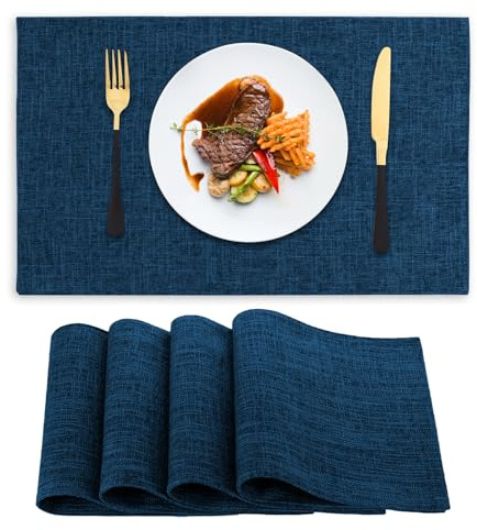 NicMool Tischsets Abwaschbar 4er Set, Abwischbar Leinen Platzsets, Abgrifffeste rutschfest Hitzebeständig, Maschinenwaschbar Doppelseitigen Stoff Platzdeckchen für küche Speisetisch Hotel (Blau)