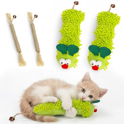 Ensemble Jouet pour Chat, Chenille Peluche & Bâtons Vigne Argentée, Nettoyage Dentaire, Interactif, Anti-Stress, Dentition Chaton, Chat d’Intérieur, Lot de 4
