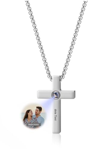 JSDDE Personalisiert Kette mit Foto&Text Gravur Kreuz Anhänger Halskette mit Bild Projektionskette Fotogeschenke für Herren & Damen (Silber)