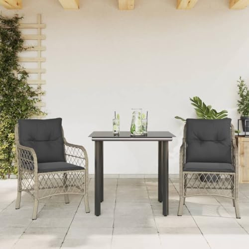 QUAHEAS 3-TLG. Bistro-Set mit Kissen Hellgrau, Poly Rattan Gartenmöbel für Terrasse & Balkon, UV-beständiges Outdoor-Möbelset mit Glastisch, Bequeme Stühle