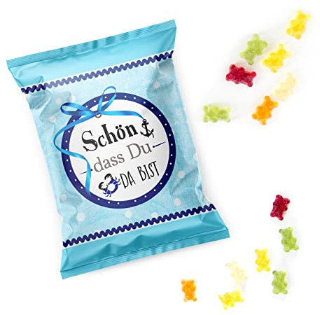 Logbuch-Verlag 25 Schön dass du da bist Gastgeschenke mini Geschenke blau weiß Gummibärchen für Taufe & Konfirmation