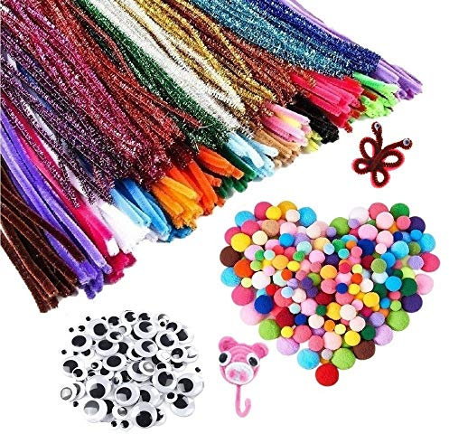 KIMMAX 600 Stück Pfeifenreiniger Chenilledraht Bastelset für Kinder Basteln und Dekorieren [100 Glitzer +100 Faser Pfeifenputzer, 250 Pompons, 150 Kulleraugen] 20 Colors