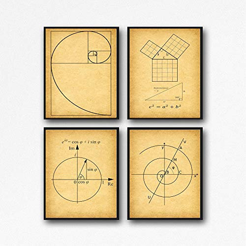 WallBUddy Math Poster Set of Math Posters Fibonacci Golden Spiral Pythagoras's Theorem Euler's Formula Archimedean Spiral Math Wall Art WB210 (21cm x 30cm, Vintage)