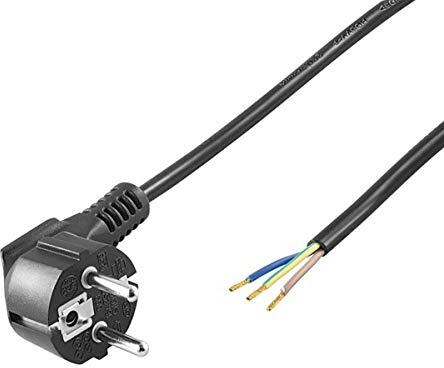 Schutzkontaktkabel abgewinkelt | 1,5m | zum Konfektionieren | Schutzkontaktstecker (Typ F, CEE 7/7) > lose Kabelenden | mit angepressten Aderendhülsen | Stromkabel Netzkabel | Schwarz | 1,5 Meter