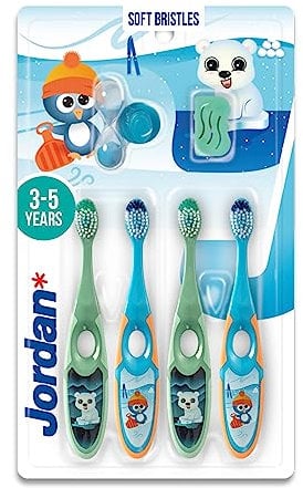 Jordan ® | Step 2 Zahnbürste Kinder | Kinder zahnbürste für 3-5 Jahre | Weiche Borsten, doppelter ergonomischer Griff & BPA-frei | Grüne und Blaue Farbe | Pack 4 Einheiten