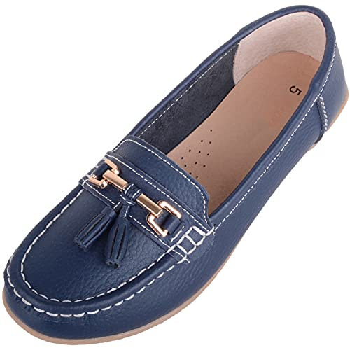 ABSOLUTE FOOTWEAR Womens Slip On Casual Leather Loafer/Deck/Boat Shoes/Sandals - Dark Blue - UK 7