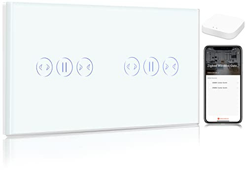 BSEED Double Zigbee Interrupteur Rideau Connecté,157mm Interrupteur Rideau Connecté WiFi Blanc,Compatible avec Amazon Alexa et Google Home,Contrôle Vocal et Fonction de Temps(NÉCESSITE TUYA HUB)