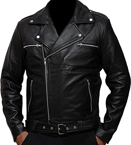 MAXDUD Chaqueta Negan para hombre – Traje muerto Brando Negro Motociclista Chaqueta de cuero real y cuero sintético, Negro - piel sintética., L