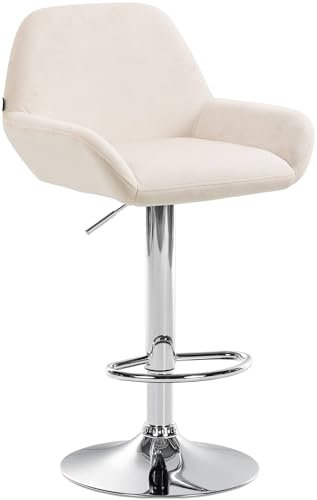 CLP Barhocker Braga Samtbezug mit Metallgestell I Höhenverstellbar und 360 drehbar I Moderner Barstuhl mit Fußstütze für Küche und Bar, Farbe:Creme, Gestell Farbe:Chrom