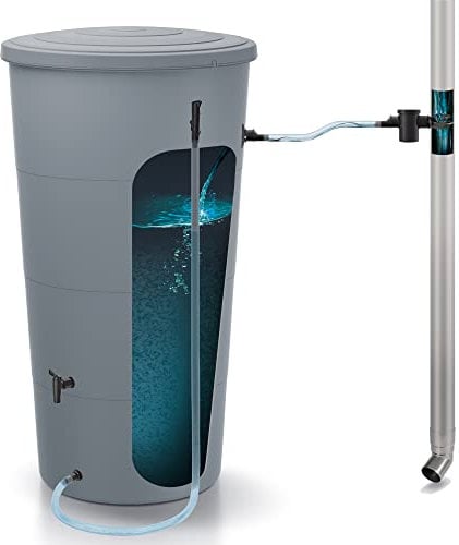 Barril de agua de lluvia 200l smooth de plastico en color gris claro 60 (largo) x 60 (ancho) x 106,6 (altura) cm + Set de accesorios icanset7
